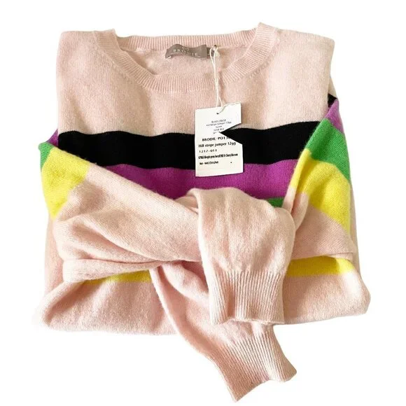 NWT Brodie Cashmere Hill Pink Rainbow Stripe Long Sleeve Pullover Crew Sweater M - Picture 3 of 10